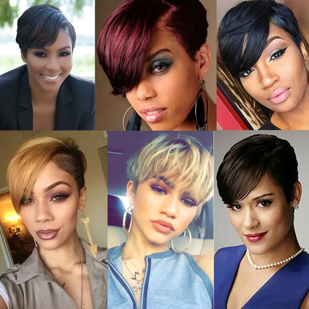 Short Pixie Cut Human Hair Straight Ombre Bob Wig With Bangs