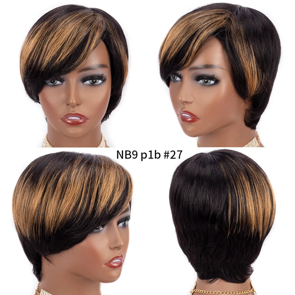 Short Pixie Cut Human Hair Straight Ombre Bob Wig With Bangs