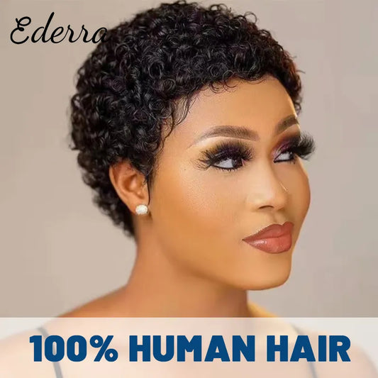 Short Curly Glueless Wig Pixie Cut Natural Black Brazilian Human Hair 150% Density