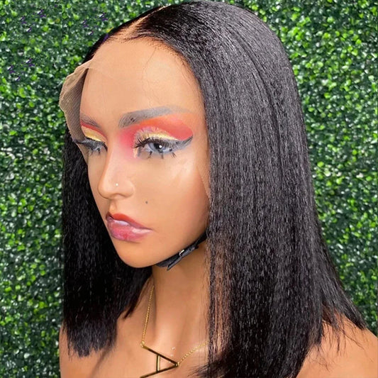 Yaki Straight Human Hair Natural Looking Middle Part Short Bob Preplucked Hairline With Baby Hairs Wig