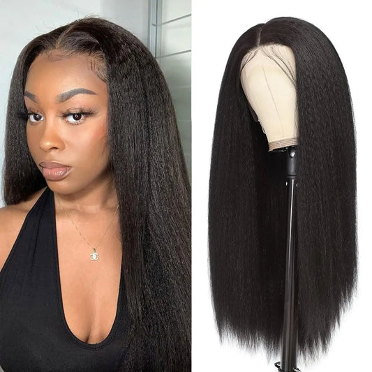 Glueless Kinky Straight Synthetic Heat Temperature Lace Front Wig With Baby Hair