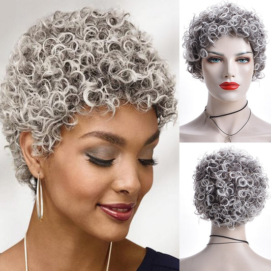 Synthetic Afro Curly Short Blonde Gray Curly Hair Pixie Cut Fluffy Bob Heat Resistant Wigs